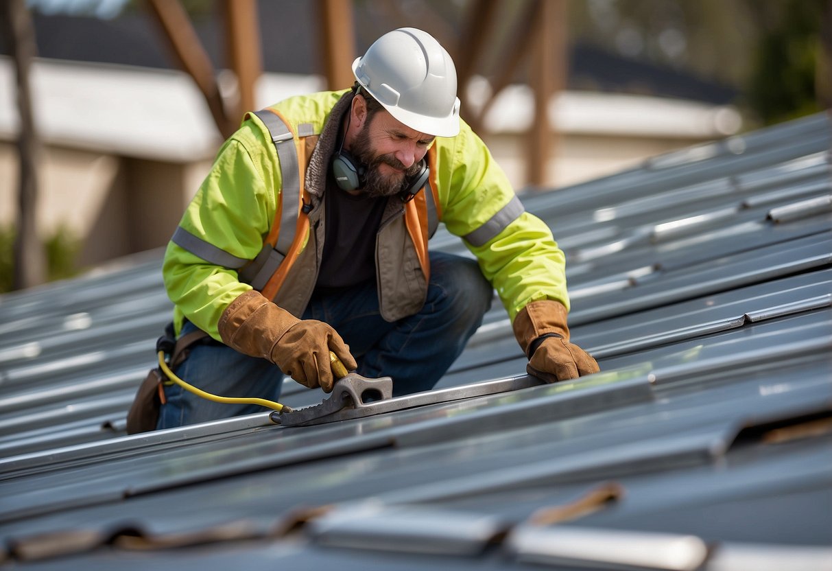 A roofer carefully aligns metal panels on a roof in Austin, TX. Tools and safety equipment are scattered nearby. The sky is clear, and the sun shines brightly
