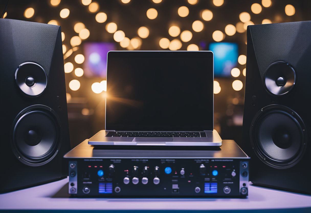 A DJ booth with turntables and speakers facing off against a digital playlist on a laptop, surrounded by a dance floor and wedding decor