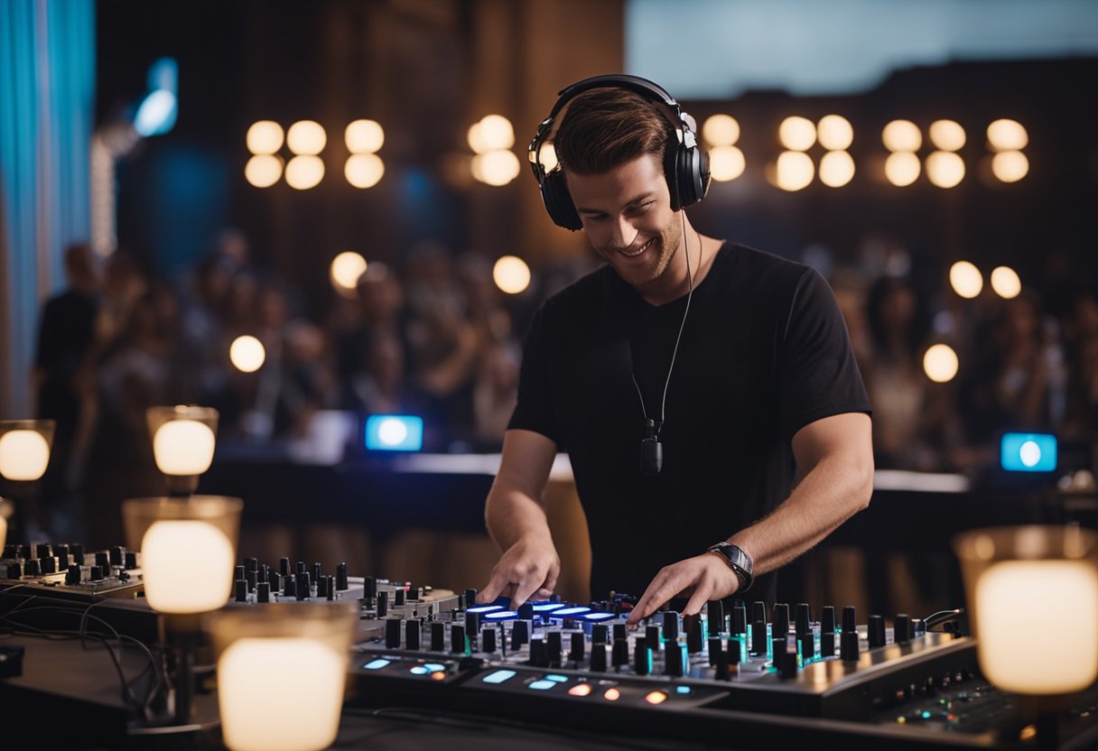 A wedding DJ stands behind a booth, adjusting knobs and faders. Lights flash and music fills the room as guests dance and celebrate