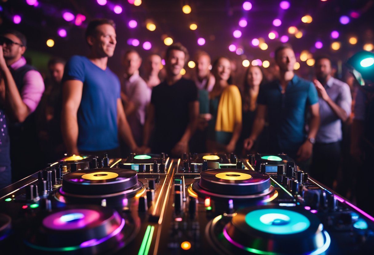 A crowded dance floor pulsates with energy as colorful lights illuminate the room. The DJ commands the turntables, while the playlist sets the mood