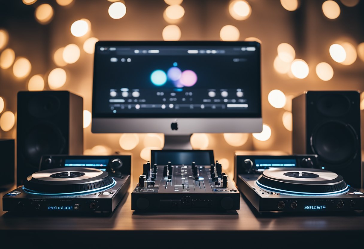 A DJ booth with turntables, mixer, and speakers on one side. A laptop with a curated playlist and Bluetooth speakers on the other