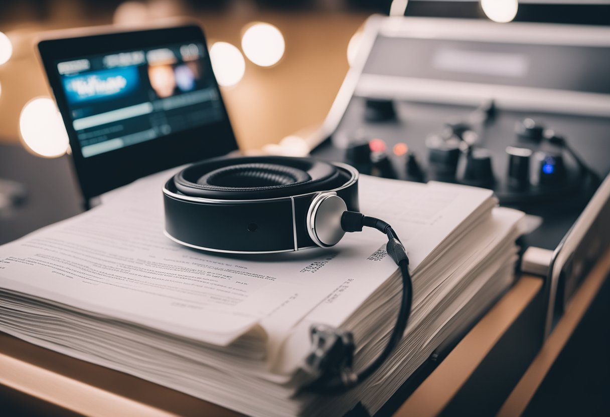 A wedding DJ and a wedding playlist are depicted side by side, with legal documents and licensing agreements displayed prominently in the background