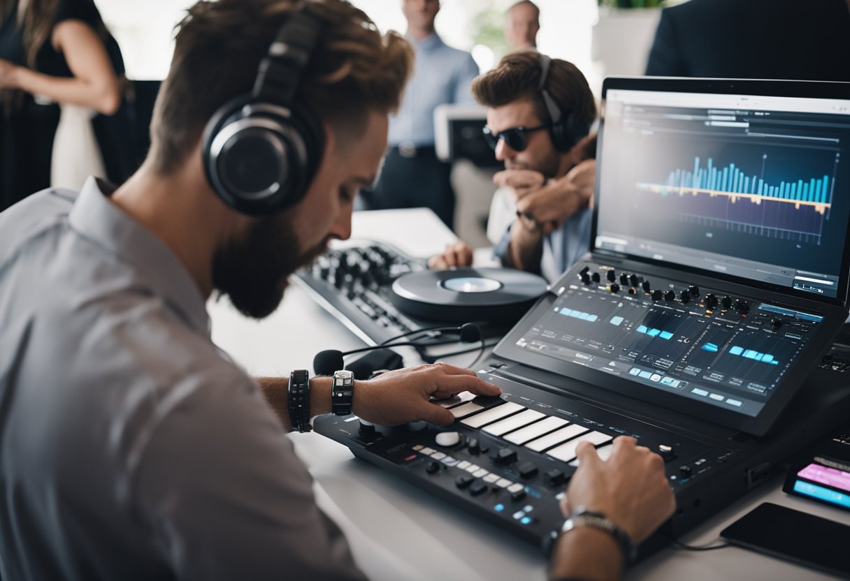 A DJ frantically adjusts equipment while a wedding planner hands over last-minute song requests. A laptop displays two playlists, one labeled "DJ" and the other "Wedding."