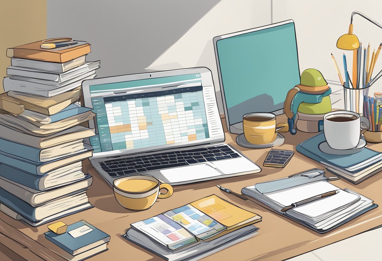 A desk cluttered with a laptop, baby toys, and notebooks. A calendar on the wall shows a packed schedule. A coffee mug sits half-empty next to a stack of business books