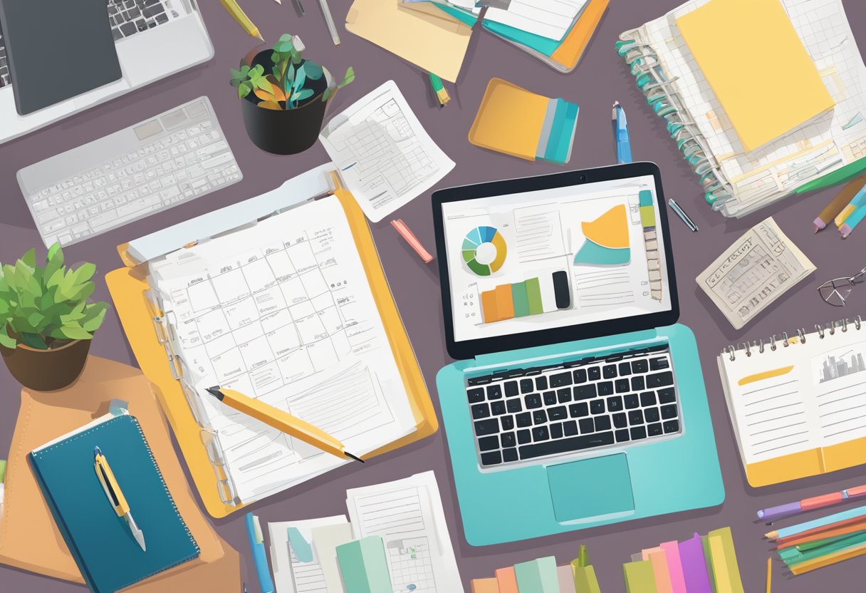 A cluttered desk with a laptop, notebook, and pen. A vision board with business goals and family photos. A calendar marked with important dates. A stack of books on entrepreneurship