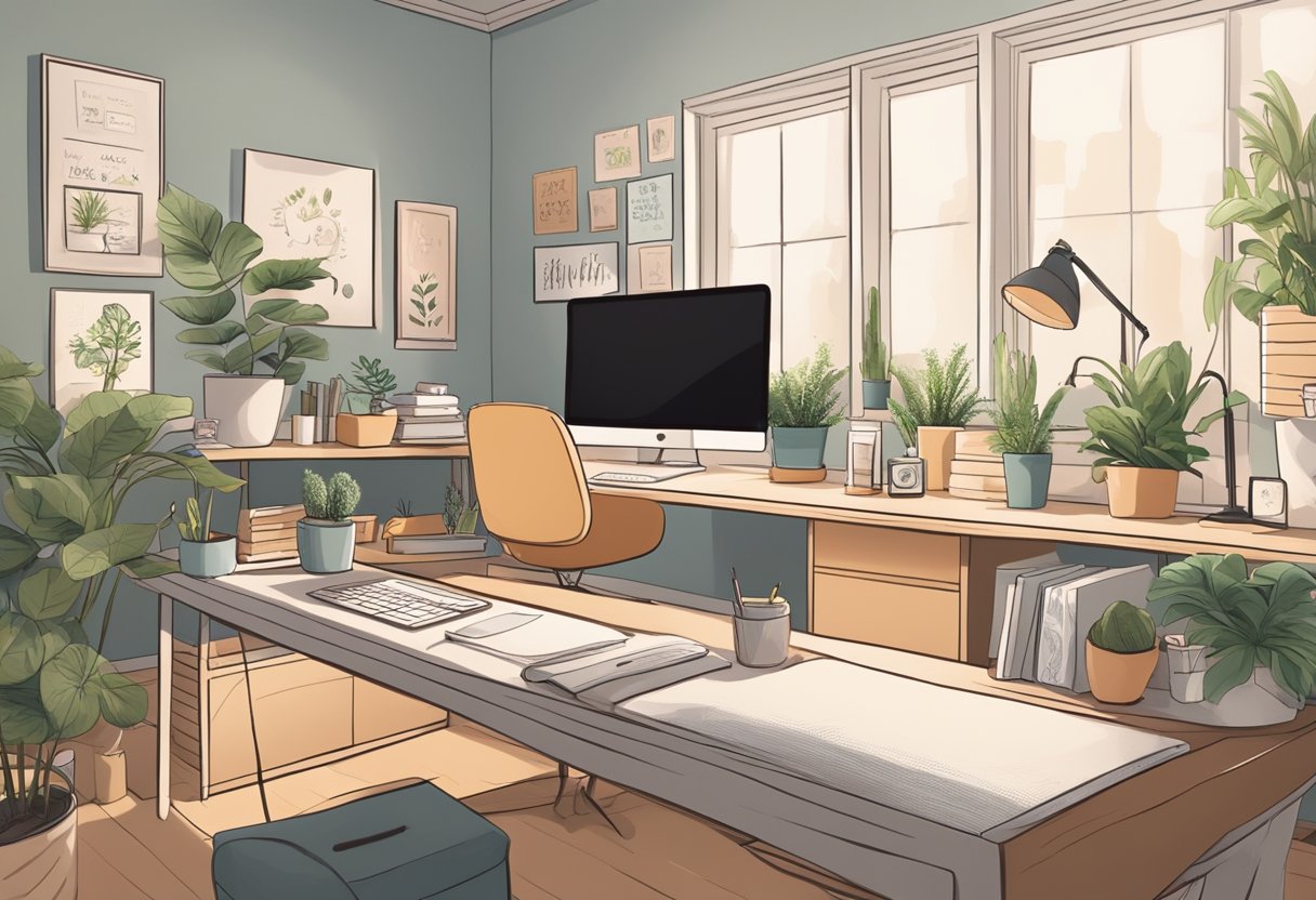 A cozy home office with a desk, computer, and baby essentials. Soft lighting, plants, and inspirational quotes on the wall create a calm and supportive atmosphere