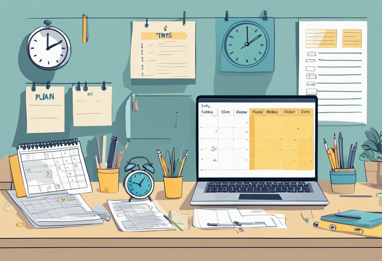 A cluttered desk with a calendar, to-do list, and baby supplies. A clock on the wall shows different time zones. A laptop displays a business plan