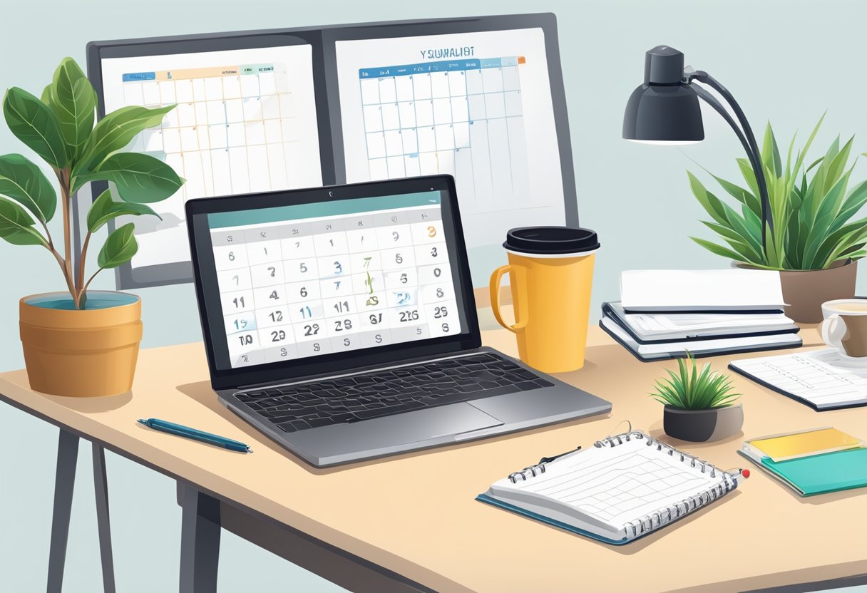 A desk with a laptop, notebook, and pen. A calendar with key dates. A whiteboard with business goals. A coffee mug and plant