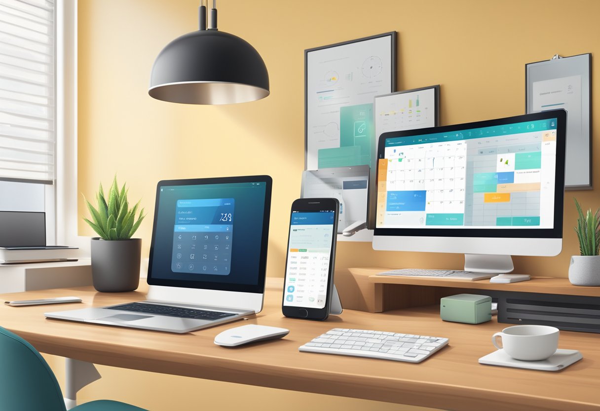 A modern office desk with a laptop, smartphone, and tablet, surrounded by smart home devices like a voice assistant speaker and a smart thermostat. A calendar and to-do list are displayed on the screens