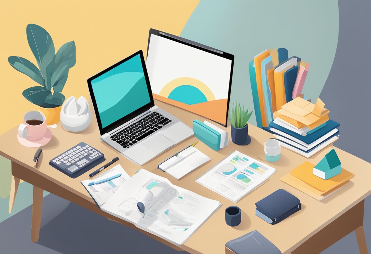 A serene office space with a desk cluttered with baby toys and business documents. A yoga mat and laptop sit side by side, symbolizing the balance between personal and professional life