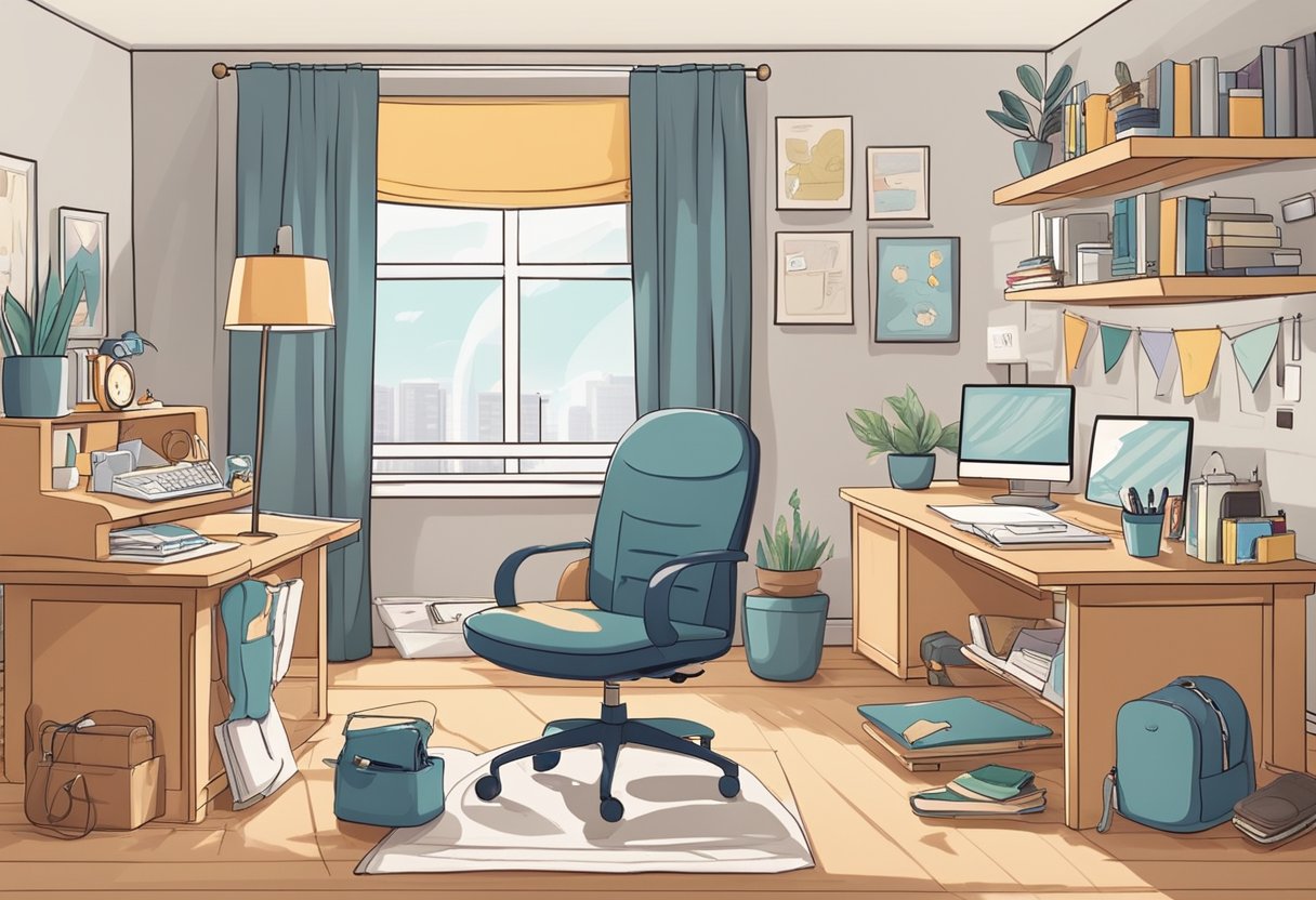 A cozy home office with a desk cluttered with baby gear and business supplies. A tired but determined parent entrepreneur works while a baby sleeps in a nearby crib