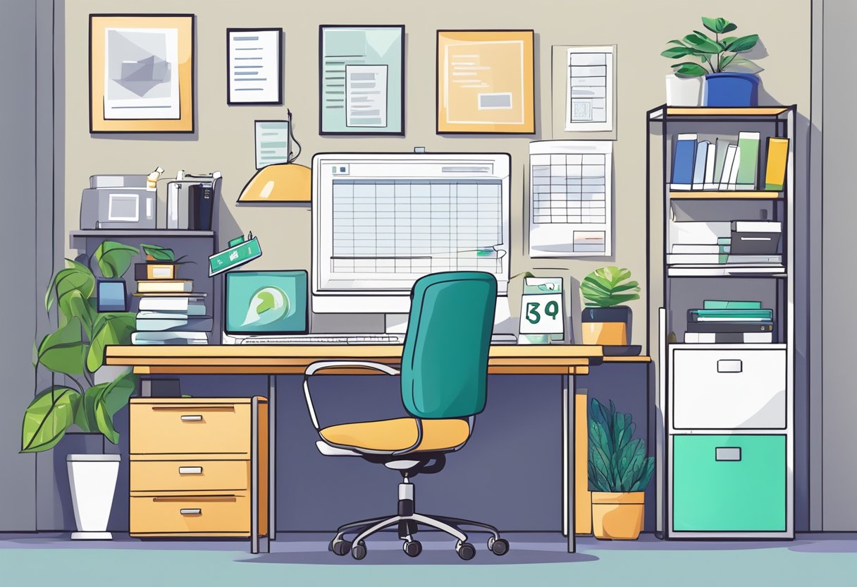 A home office desk with a laptop, calculator, and financial documents. A budget planner and income tracker on the wall. A stack of bills and a jar for savings