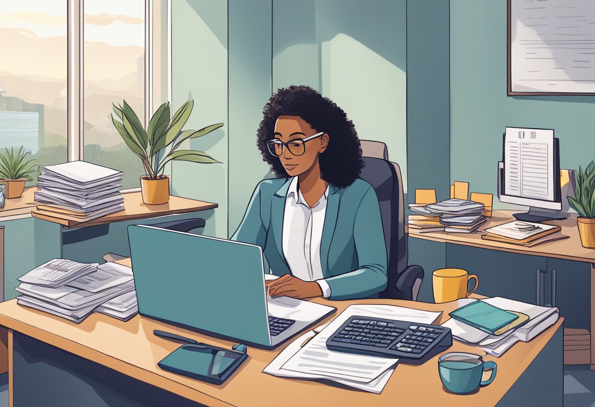 A home-based business owner sits at a desk, organizing financial documents and using a computer to manage expenses and income. A stack of bills and a calculator are visible on the desk