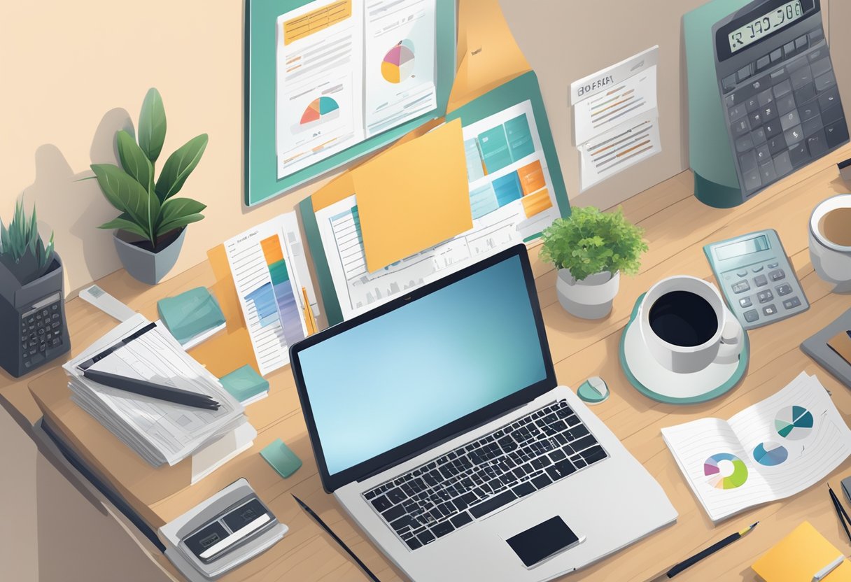A home office desk with a laptop, calculator, and financial documents. A vision board with financial goals and a budget planner on the wall