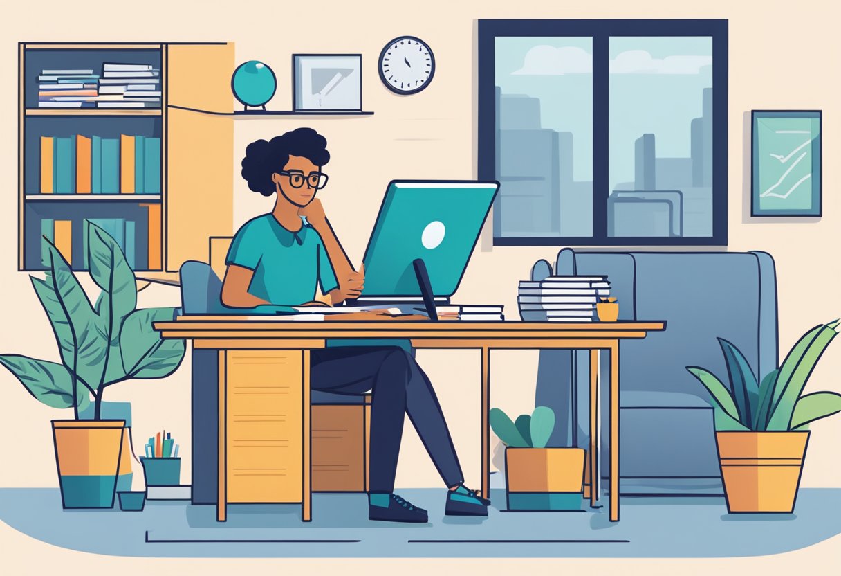 A home-based business owner sits at a desk, organizing paperwork and financial documents. A laptop and calculator are on the desk, as the owner carefully manages their finances and considers insurance options