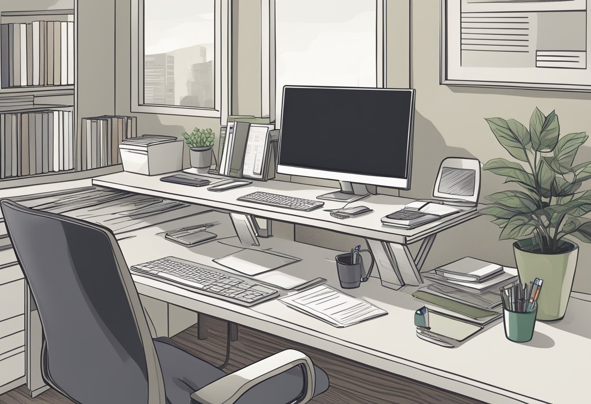 A home office with organized desk, computer, and financial documents. A person managing finances efficiently