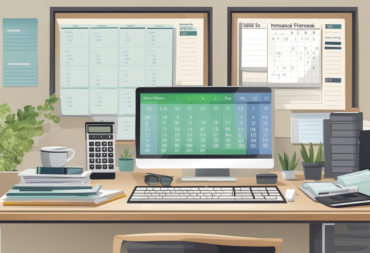 A home office desk with a laptop, calculator, and financial documents organized neatly. A calendar with important dates and a to-do list on the wall