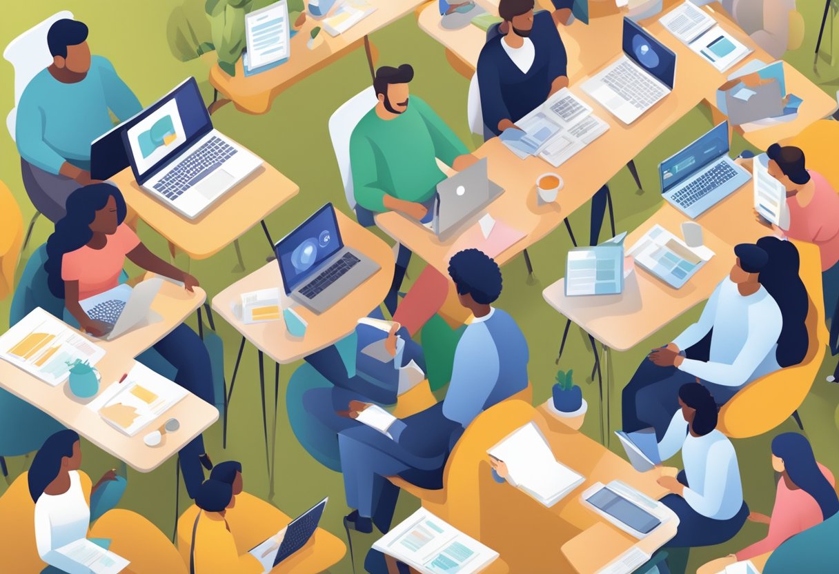 A group of diverse people engaging with a variety of marketing materials, such as social media, email campaigns, and in-person events. The audience is clearly interested and engaged with the content