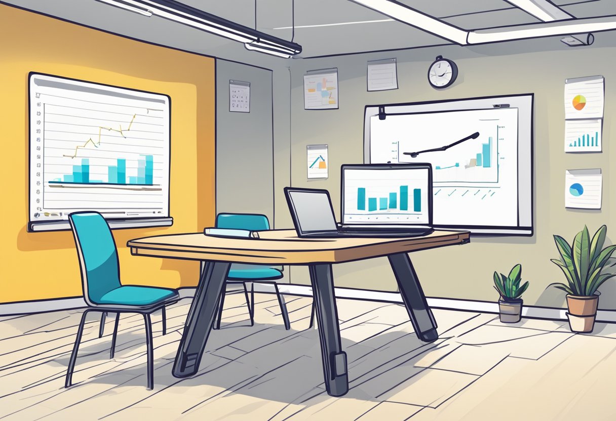 A table with a laptop, notebook, and pen. Charts and graphs on the wall. A brainstorming session with sticky notes and a whiteboard