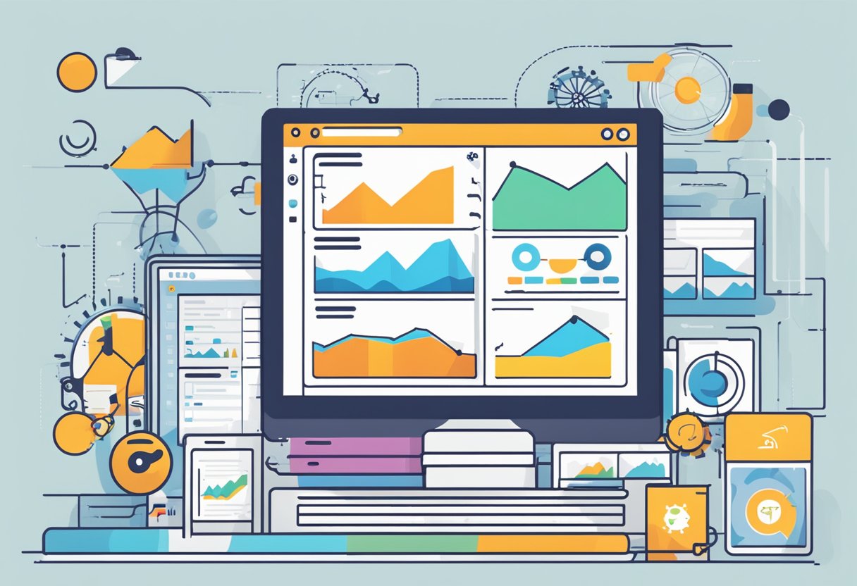 A computer screen displaying various digital marketing strategies with a graph showing increased engagement and a small business logo in the corner