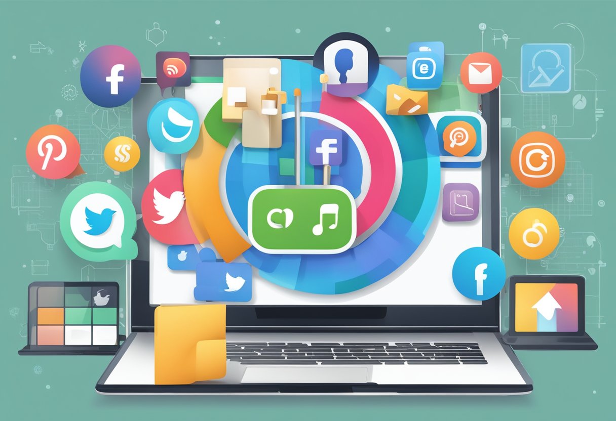 A laptop surrounded by various social media icons and symbols, with a graph showing increasing engagement and a small business logo in the corner