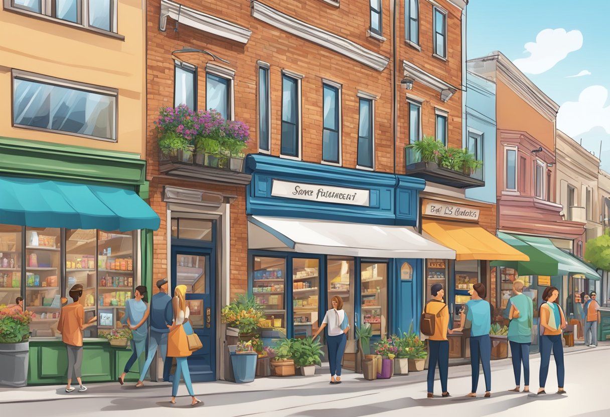 A small business storefront with eye-catching signage, surrounded by bustling foot traffic and engaged customers interacting with promotional materials