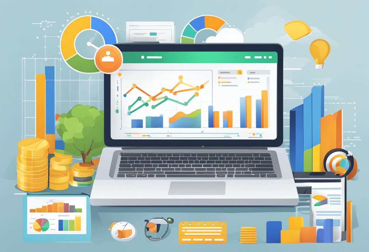 A chart showing sales growth, customer engagement, and website traffic. Various marketing tools and strategies displayed around it