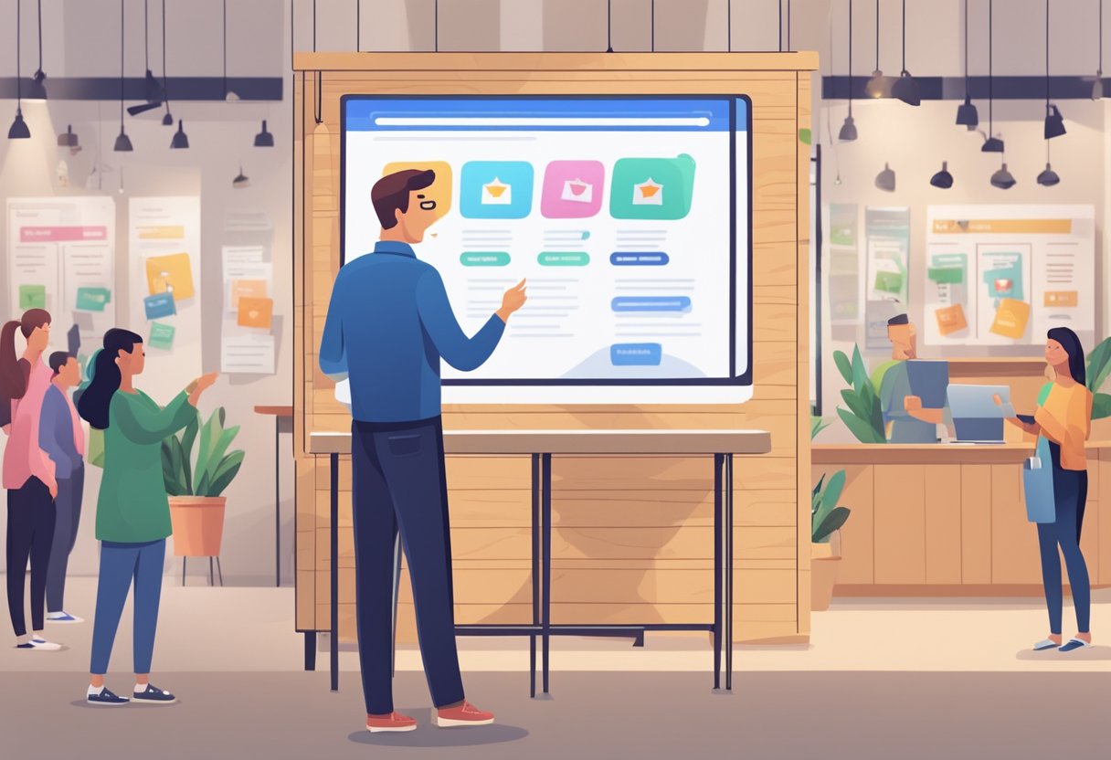 A small business owner warmly greets a returning customer, surrounded by positive reviews and testimonials on a digital screen