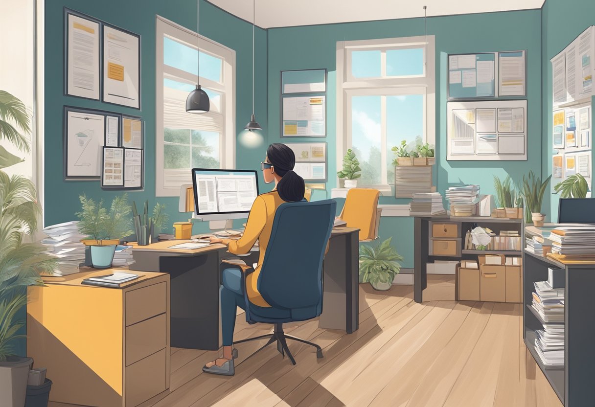A busy office with a small business owner answering customer inquiries, while marketing materials and strategies are displayed on the walls