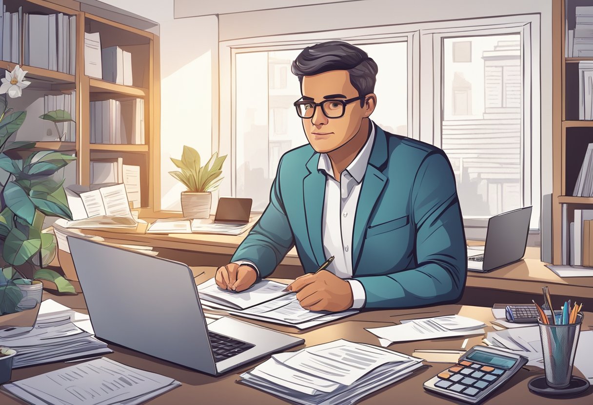 A parent entrepreneur sits at a desk, surrounded by financial documents and a laptop. They are focused and determined, managing their business finances with precision and expertise