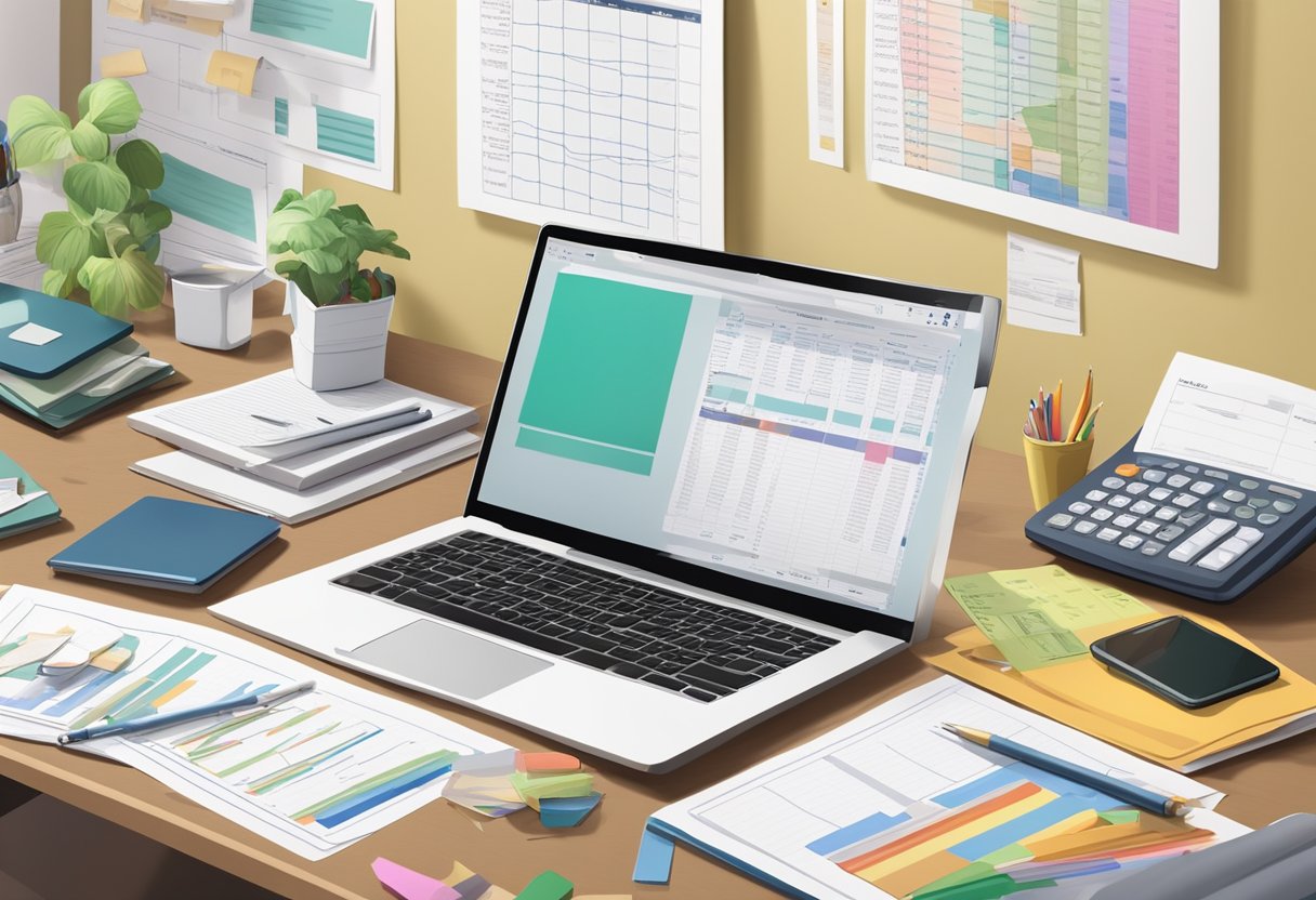A desk cluttered with financial documents, a laptop open to a budget spreadsheet, a piggy bank, and a stack of bills. The backdrop is a home office with family photos on the wall