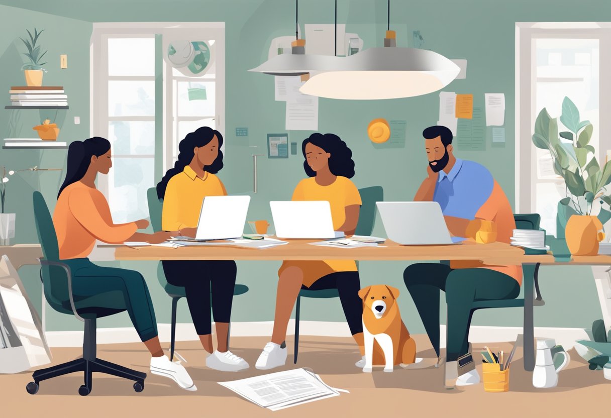 A family sitting at a table, with a laptop and financial documents spread out. A vision board with financial goals and objectives pinned up on the wall