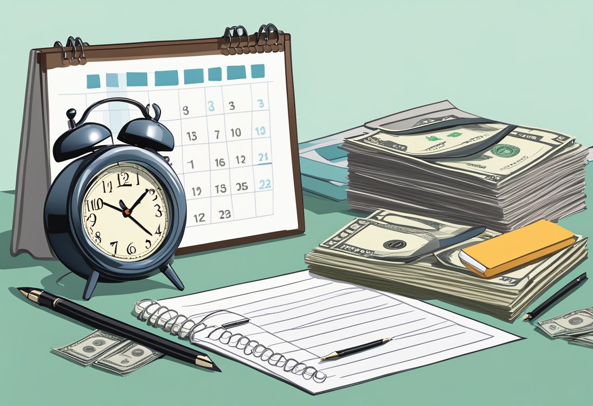 A clock and a pile of money on a desk, with a calendar and to-do list in the background