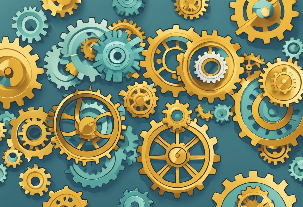 A group of interconnected gears symbolizing networking and support systems for parent entrepreneurs in managing finances