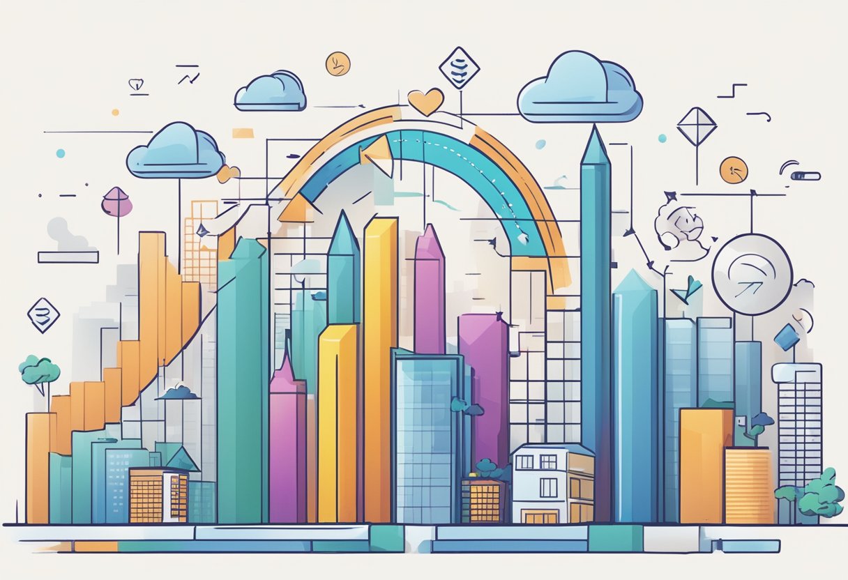 A graph showing steady upward growth with arrows pointing upwards, surrounded by images of diverse investment options like stocks, real estate, and businesses