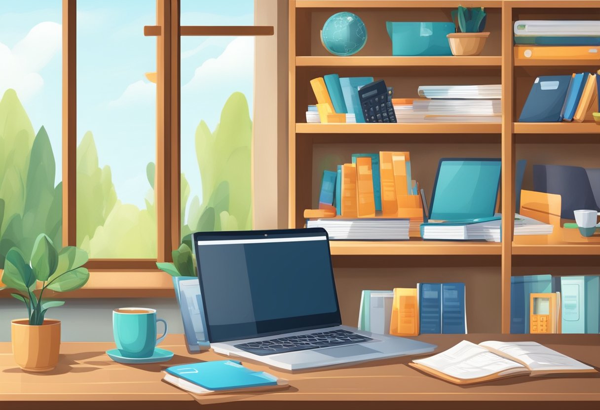 A desk with a laptop, calculator, and financial documents. A bookshelf with resources on parenting and entrepreneurship. A cozy, organized workspace