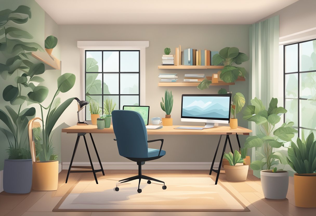 A cozy home office with a desk, computer, and financial planning materials. A calendar shows balance between work and family time. Plants and natural light promote a calming atmosphere