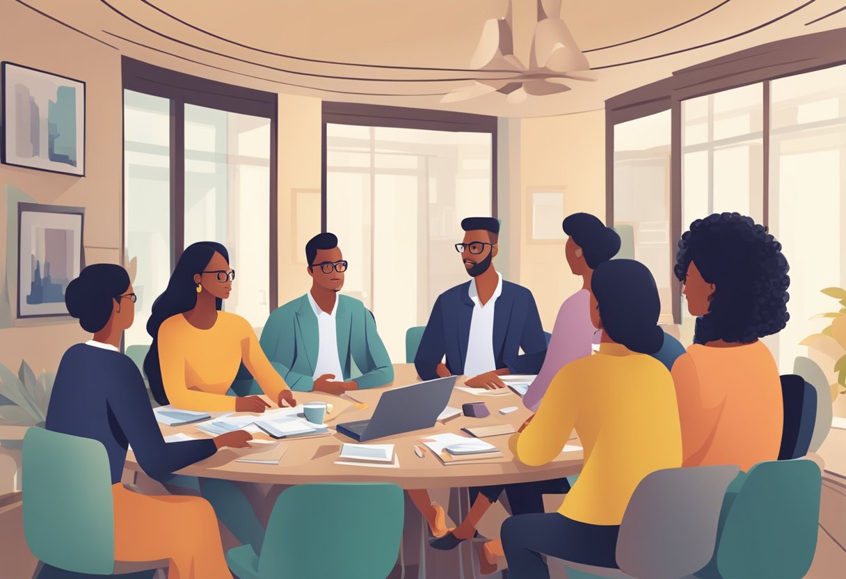 A group of parent entrepreneurs gather around a table, discussing financial management and leadership strategies. Mentors offer guidance and support