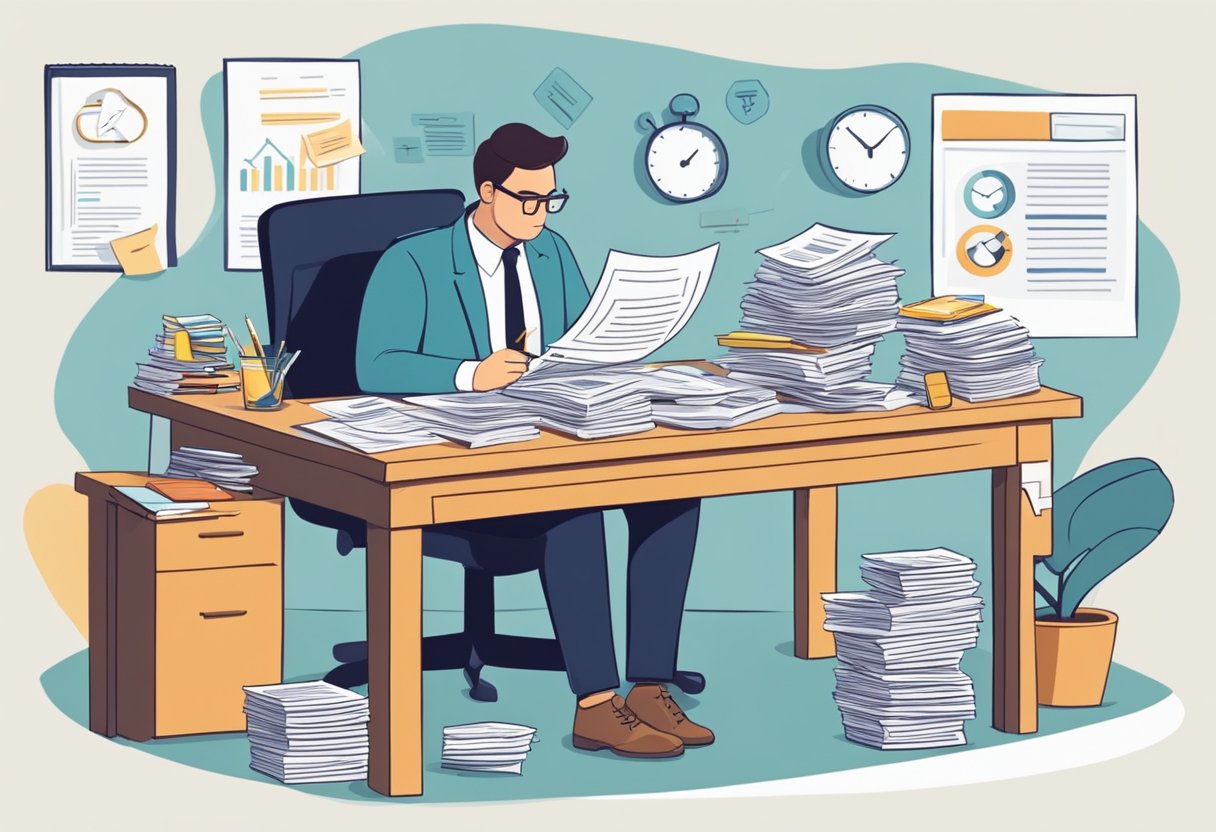A parent entrepreneur sits at a desk, surrounded by financial documents. They are carefully planning and organizing their tax and legal requirements, focusing on financial management