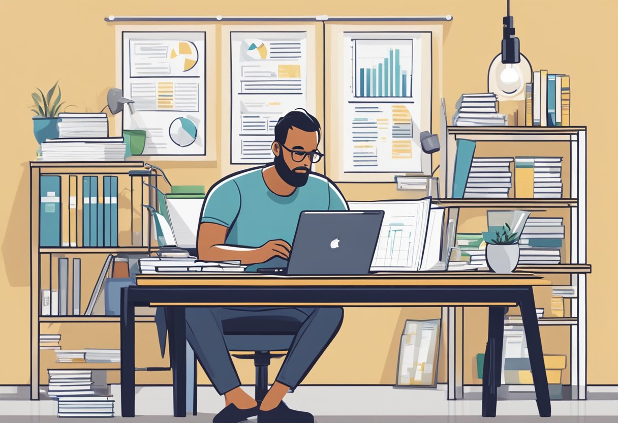 A parent entrepreneur sits at a desk, surrounded by financial documents and a laptop. They appear focused and determined, reflecting the challenges of managing finances while balancing family and business responsibilities