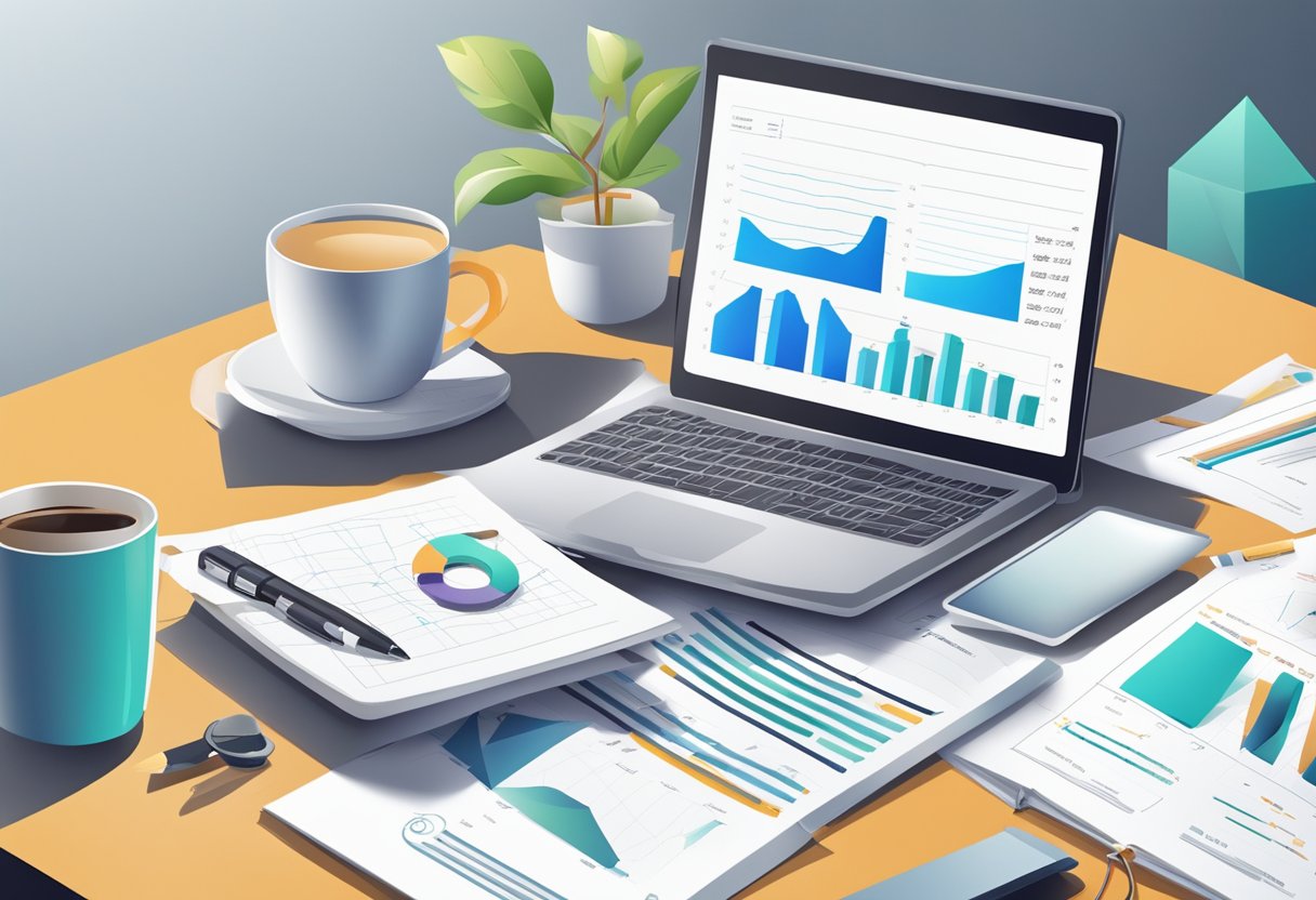 An open notebook with a pen, charts, and graphs laid out on a desk. A laptop displaying a business plan template. A cup of coffee sits nearby