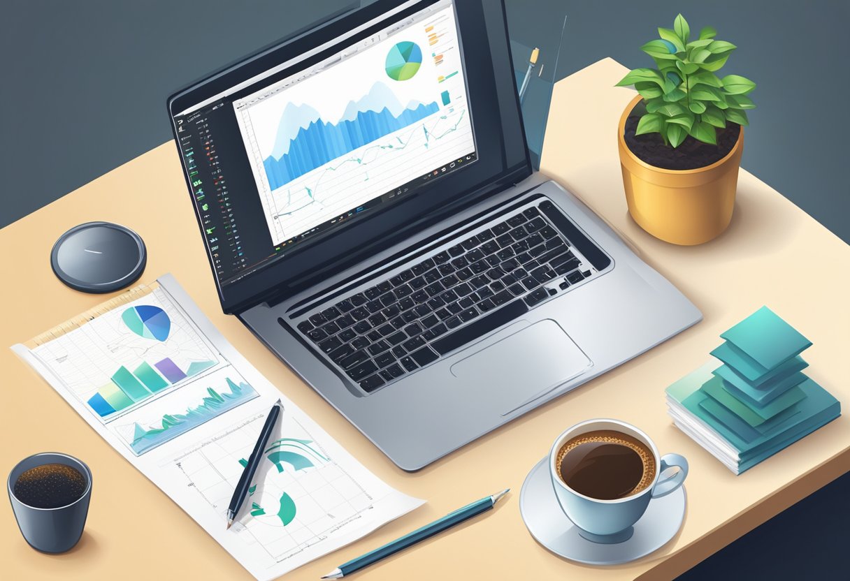 A desk with a laptop, notepad, and pen. A flowchart and financial charts on the wall. A cup of coffee and a plant on the desk