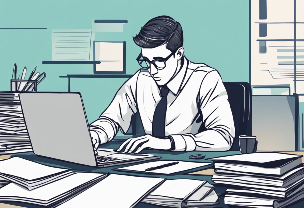 An individual sits at a desk, typing on a laptop with a stack of papers and a pen nearby. The person is focused and determined, crafting the executive summary for a business plan