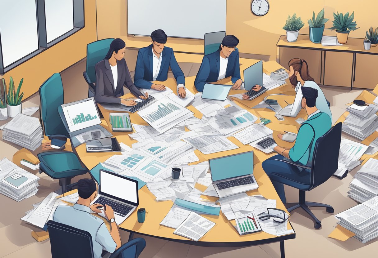 A conference room table covered in papers, laptops, and markers as a team of professionals collaborate on creating a business plan