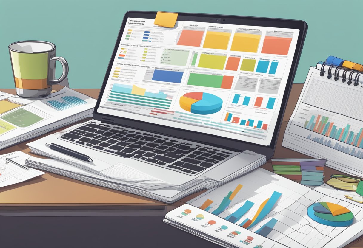A desk cluttered with market research reports, financial statements, and a laptop open to a business plan template. An organizer with color-coded tabs sits nearby
