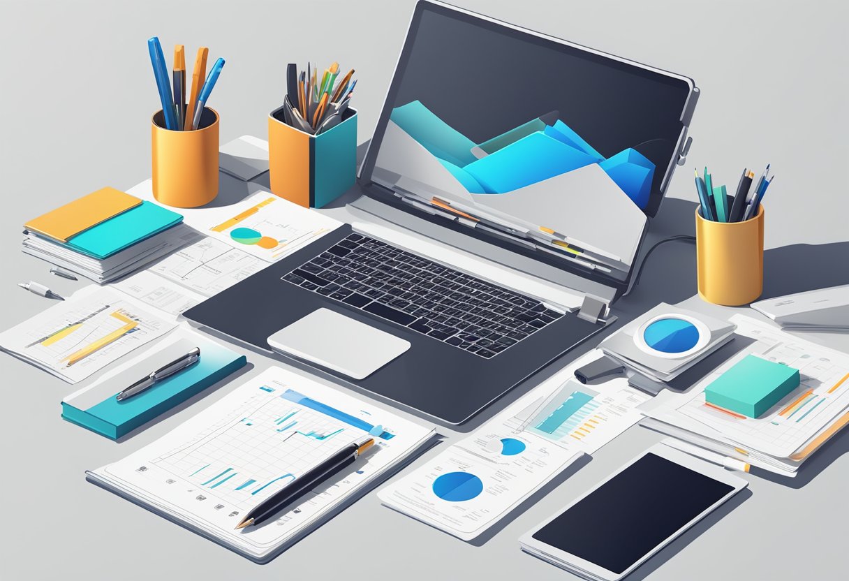 A table with various detailing products and services, alongside a laptop open to a business plan template. An organizer with pens and papers sits nearby