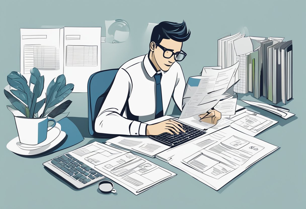 A person at a desk, surrounded by papers and a laptop, brainstorming and outlining marketing and sales strategies in a business plan