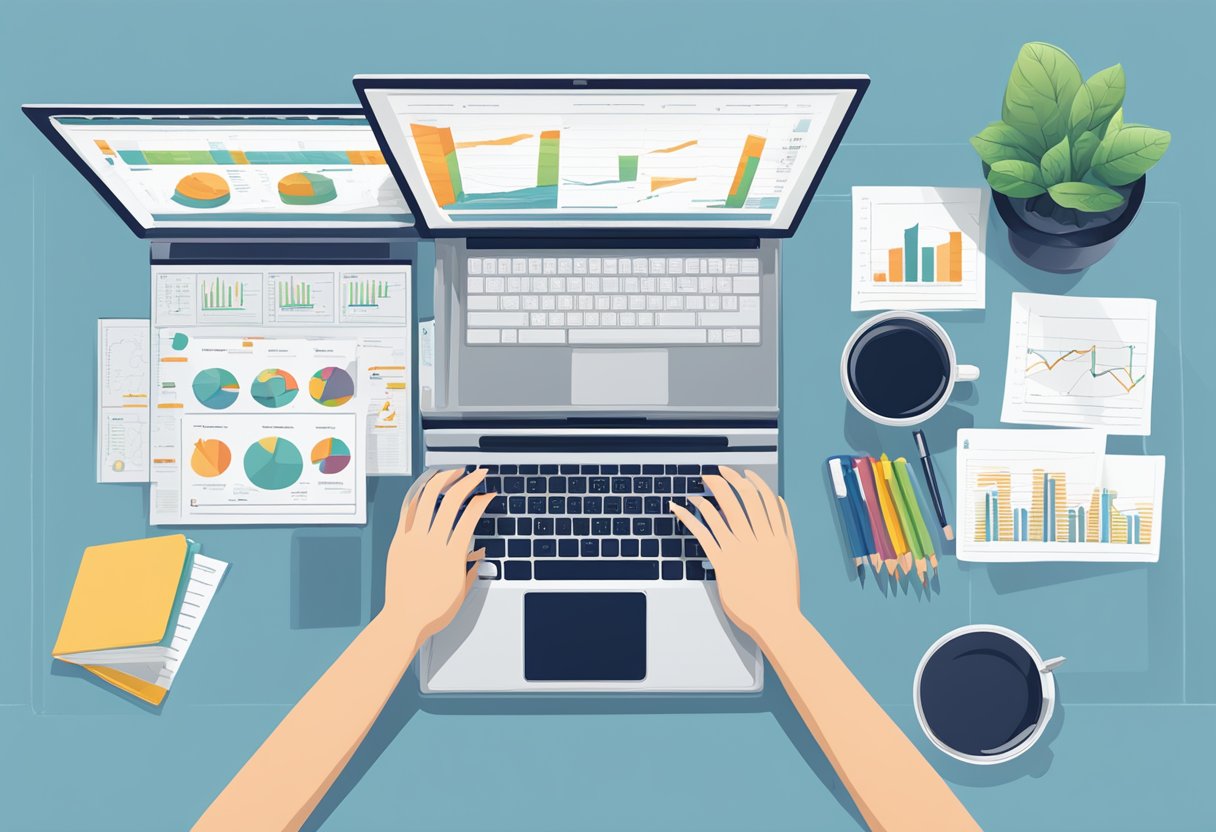 An office desk with a laptop, business plan documents, and organizational charts. A person's hand holding a pen, outlining the structure