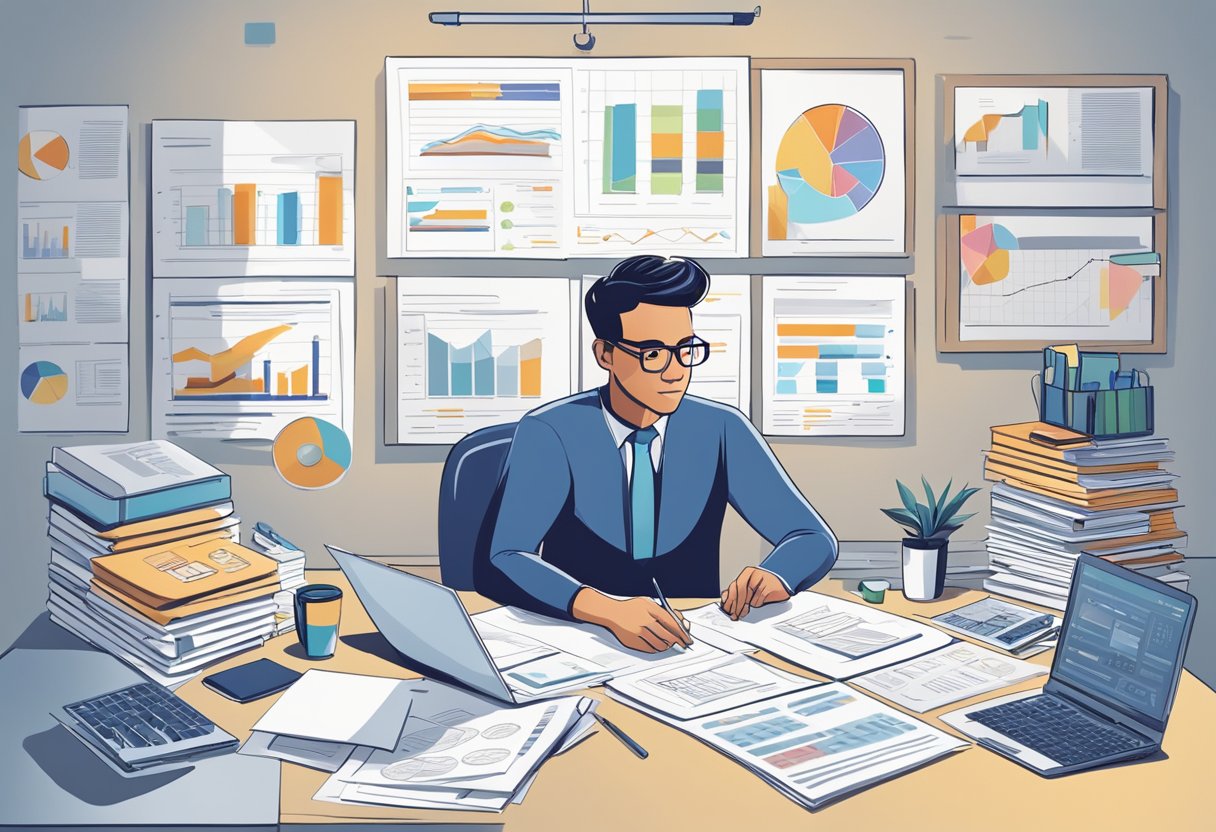 A person sits at a desk, surrounded by papers, charts, and a laptop. They are focused and determined, mapping out a detailed financial and business plan