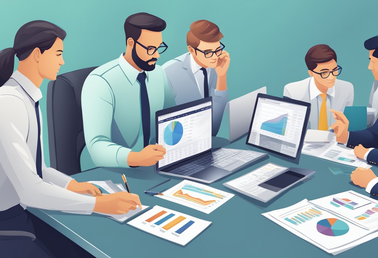 A group of business professionals analyzing competitor data and market trends, while creating a detailed business plan